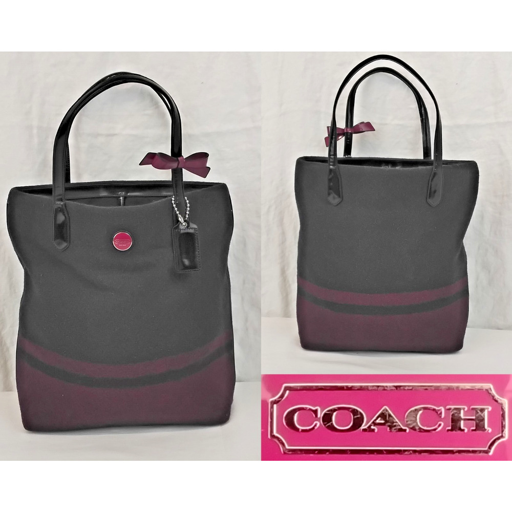 Coach North South Wool Tote Bag Purse Passion Berry Purple Black Stripe #J3127